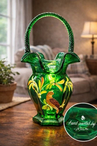 Fenton Green Art Glass Basket Hand Painted Signed Fowler Bird Floral, Boxed