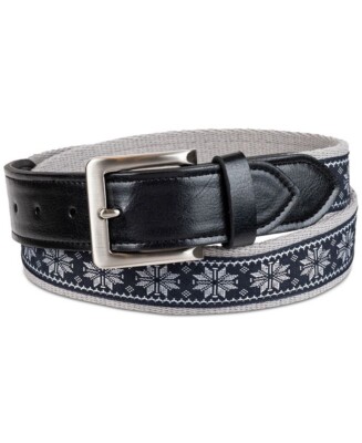 Club Room Men's Faux Leather Holiday Cheer Fabric Belt Snowflake Grey/Blue Small