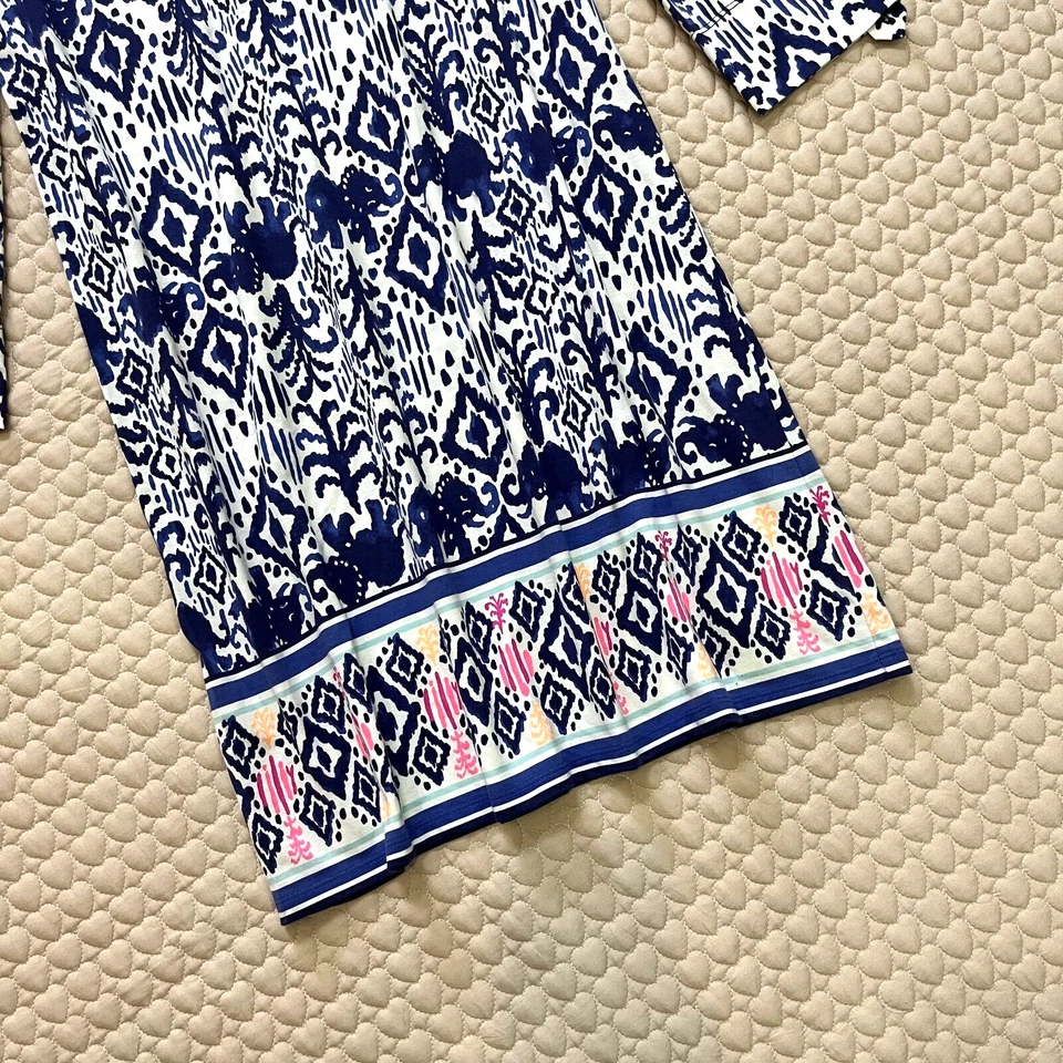 全新无标签 Lilly Pulitzer Ocean Ridge Ikat 大象印花 3/4 袖棉质连衣裙 M — 第 4/4 张图片