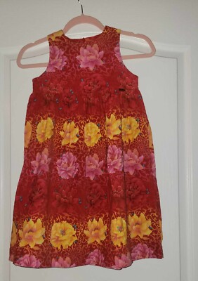 KENZO JUNGLE Girl s 100% Cotton Orang Red Pink Yellow Corduroy Jumper Dress Sz 6