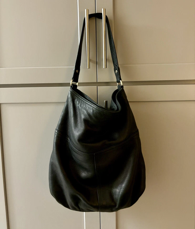 Ralph Lauren Negro Guijarro Cuero Suave Mensajero Cartera Bolso Bolsillo Exterior Foto 2 de 4