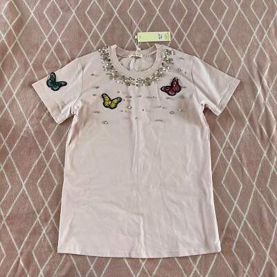DROLE DE COPINE Blush Pink Beaded Studded T-shirt Size M/L NEW