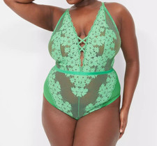 Lane Bryant CACIQUE Fishnet Lace Deep V-Neck Bodysuit KELLY GREEN Plus 26/28 NWT
