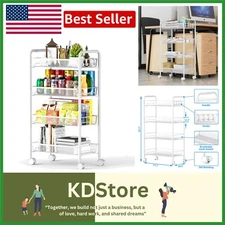 Stylish White 4-Tier Mesh Wire Utility Cart with Locking Wheels - Easy Assembly