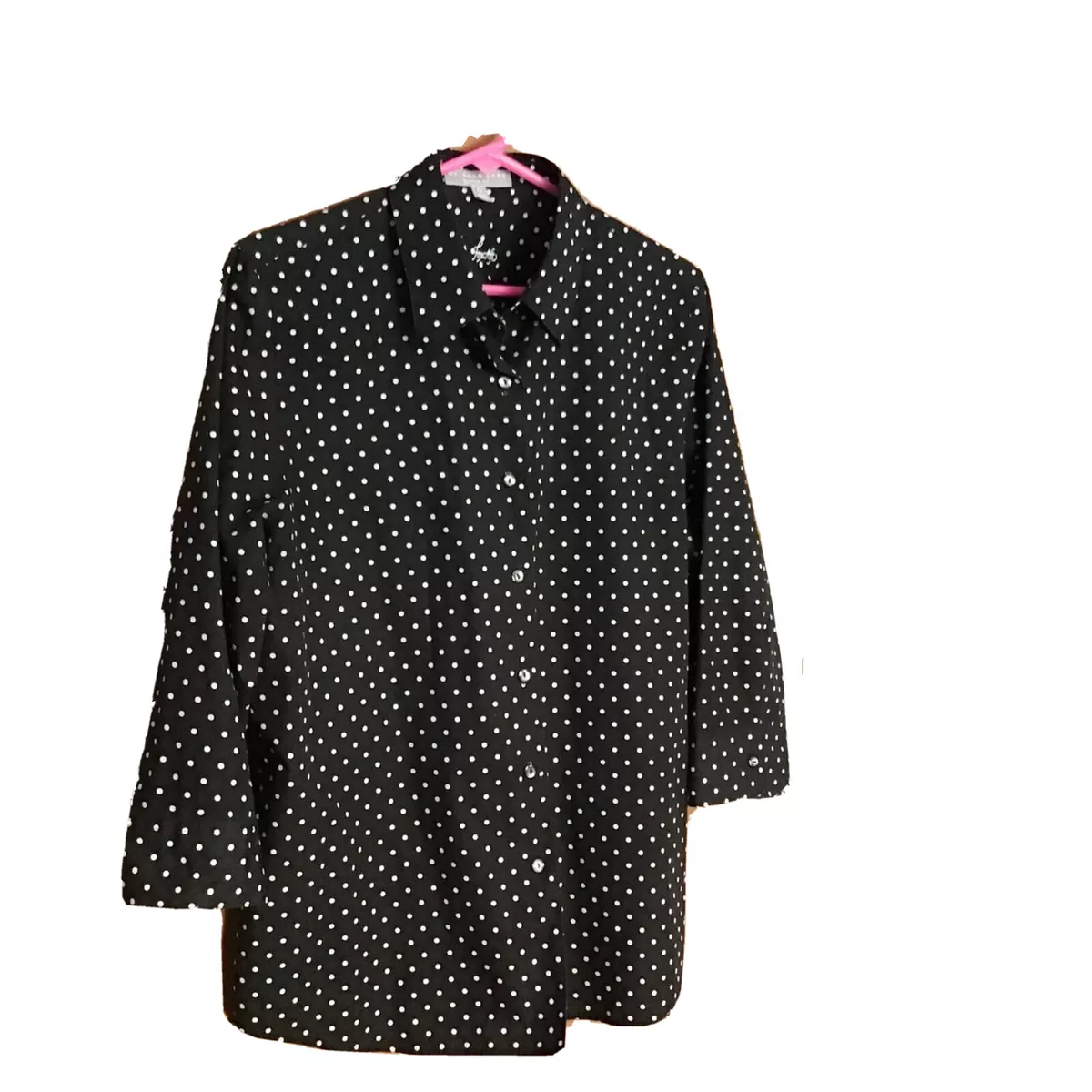 Foxcroft Women s Sz 14 Black White Polka Dots Button Down Shirt 3 4 Sleeves