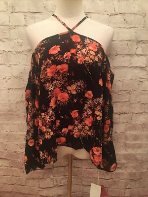 Mossimo Black Floral Cold Shoulder Halter Blouse Top Boho Gypsy Size S NEW