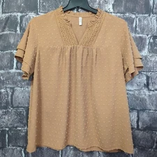 Falechay Size 2XL Brown Short Sleeve Womans v-Neck Blouse Tunic Swiss Dots Nw/oT