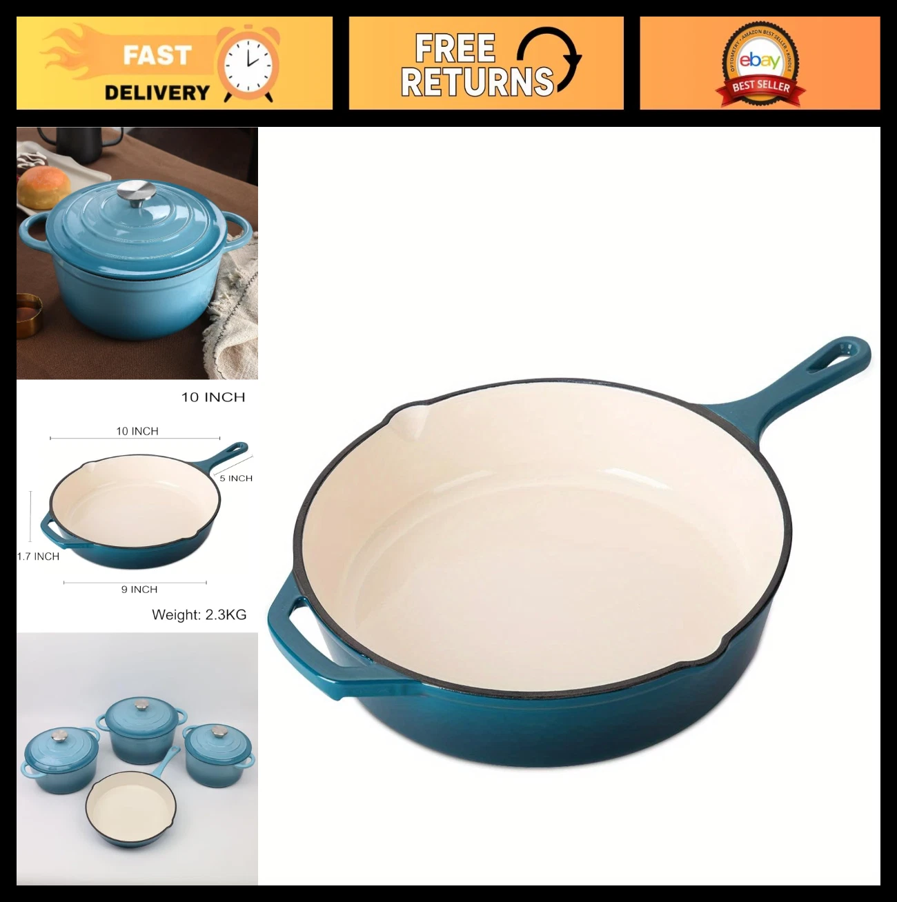 Non-Stick Enameled Cast Iron Skillet, 10" Fry Pan, Induction Compatible, Peacock