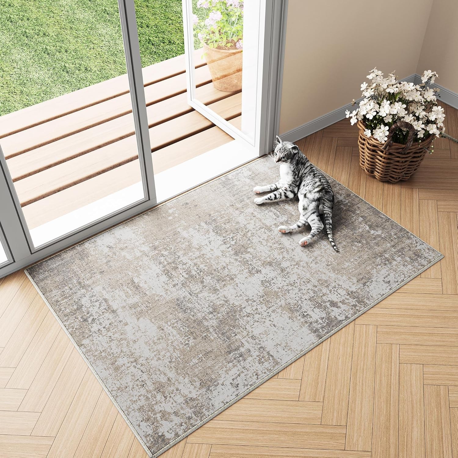 Modern Abstract Beige Gray 2x3 Washable Entryway Rug Door Mat