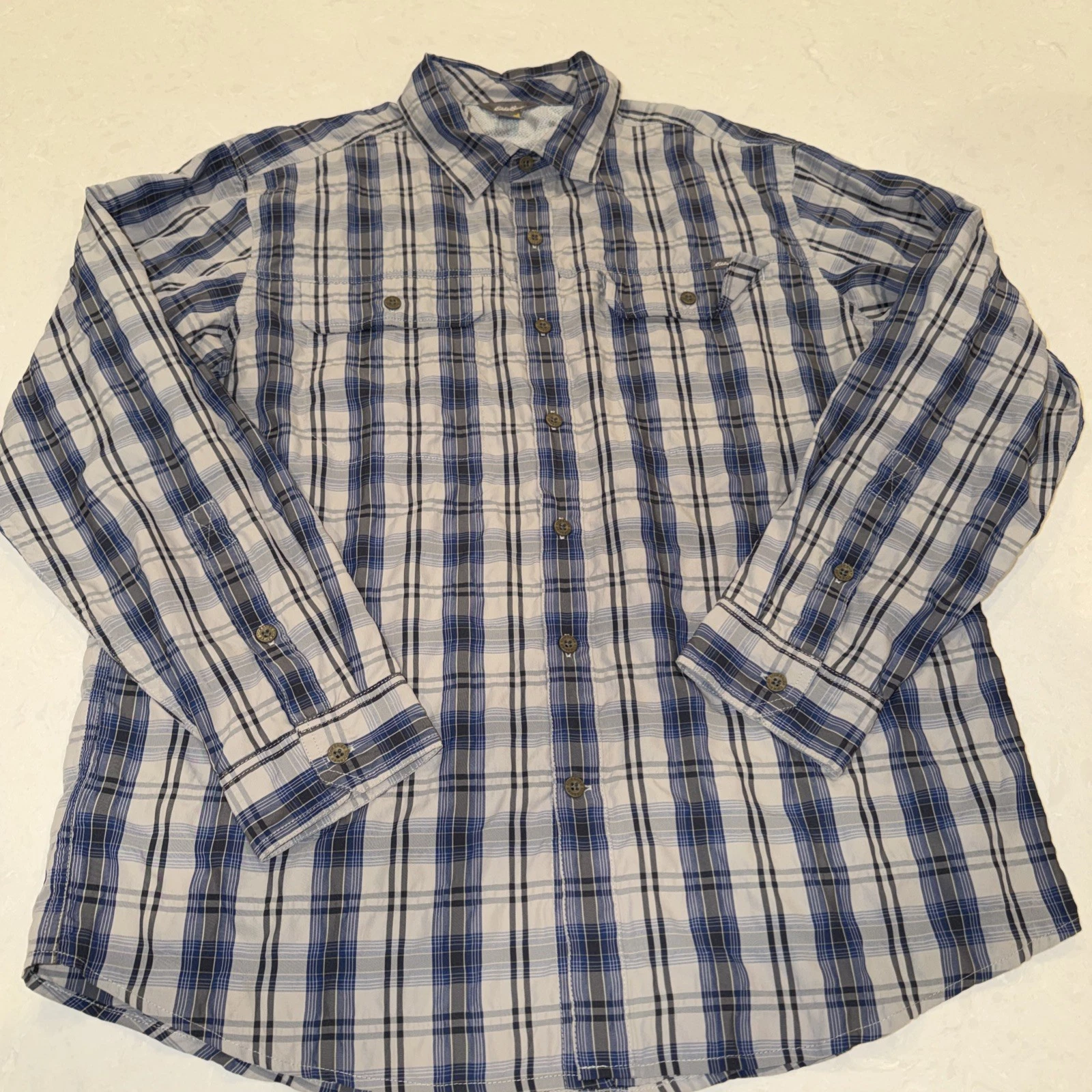 Eddie Bauer Shirt Mens L Blue Gray Travex Long Sleeve Button Up Outdoor Hiking