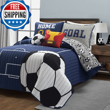 Lush Decor Soccer Game Reversible Quilt Quen Size 4 Piece Set Full/Queen Navy