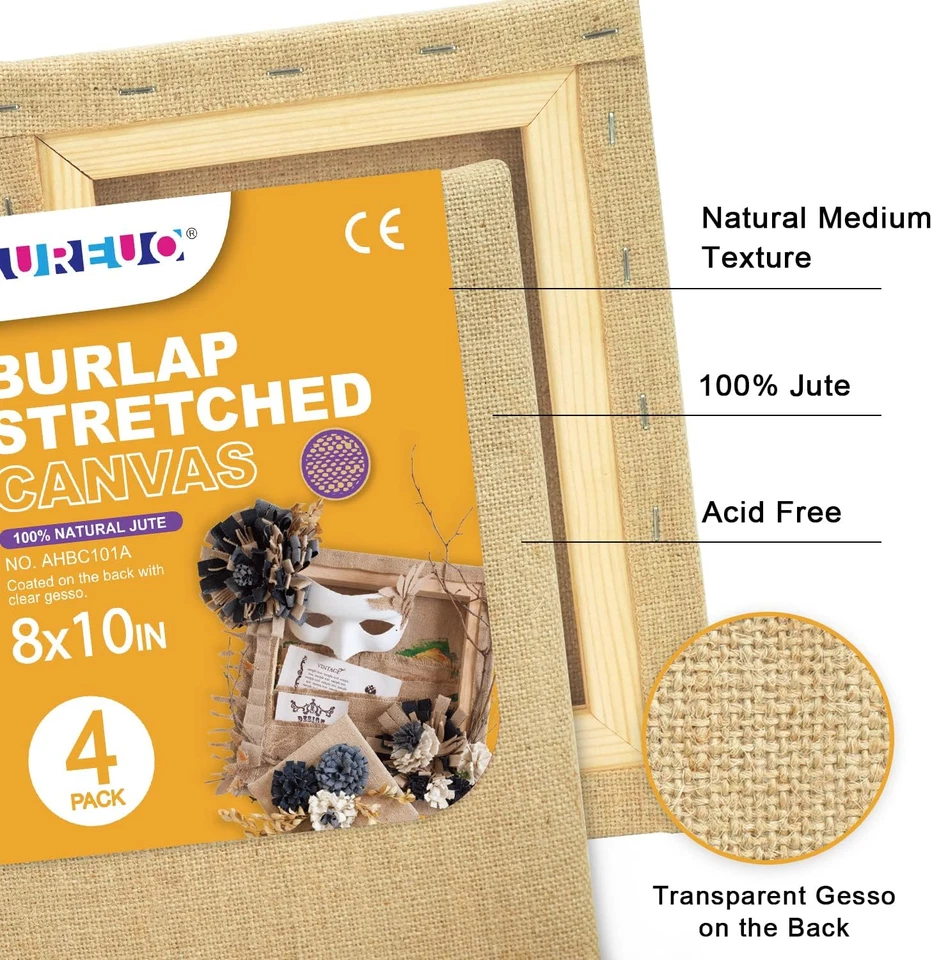 Stretched Burlap Canvas, 8X10 Inch/4 Pack - 100% Natural Jute, Transparent Gesso - Image 2 of 4