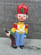 Christmas Ornament Vtg Plastic Toy Soldier 4.5" Yellow Blue Red g51d