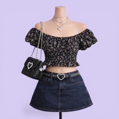 Moa Moa Black Floral Off Shoulder Crop Top Women s M Ruched Ruffle Y2K Boho Chic