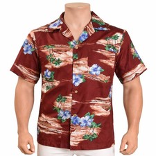 Camicia Aloha Hawaiana Made In Hawaii Media Fiori Marroni Blu Verdi Palme Onde
