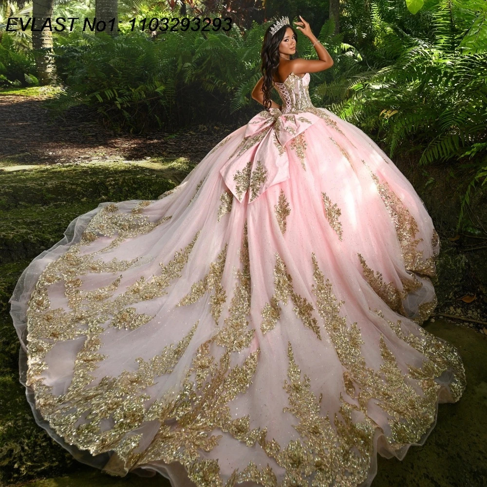 Glitter Pink Quinceanera Dress Ball Gown Gold Lace Applique Sleeveless Bow