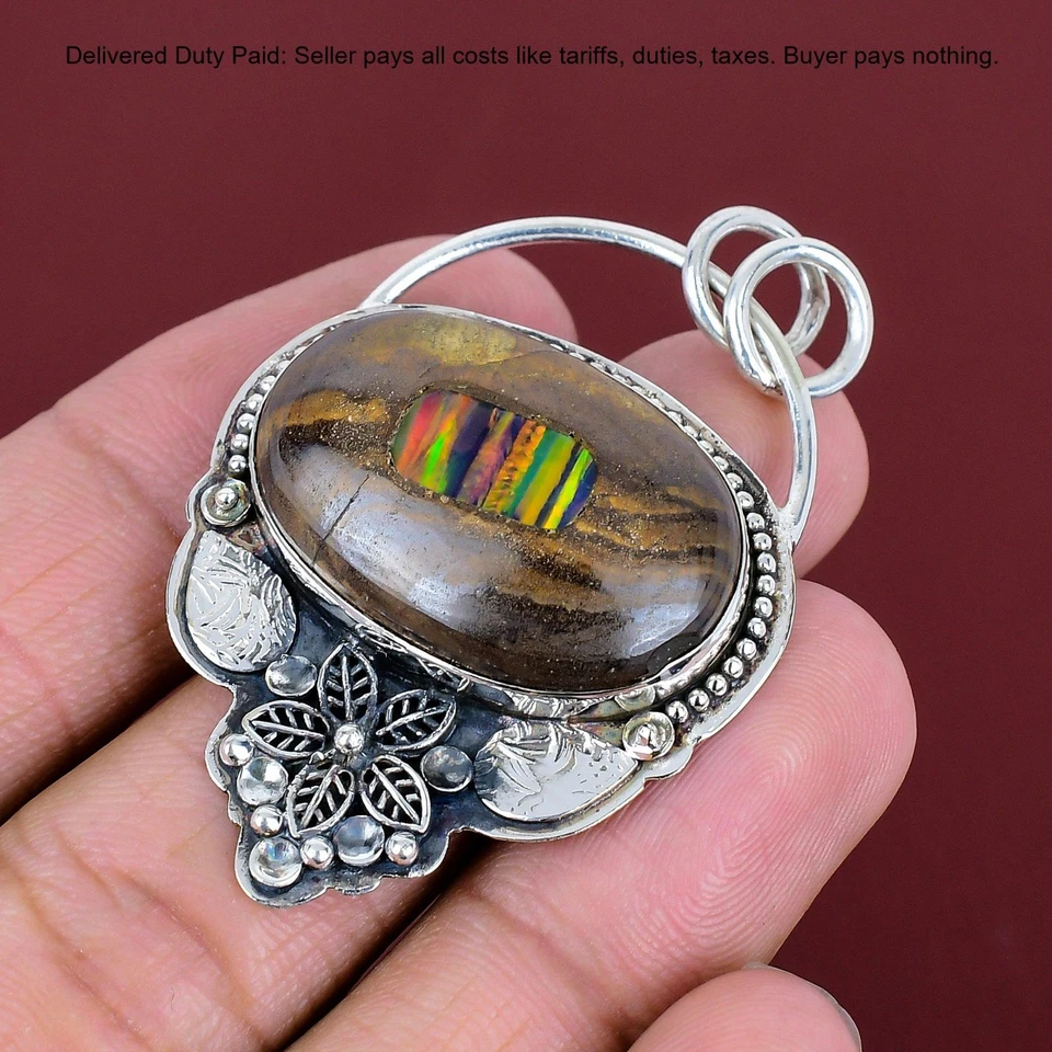 Кулон на день рождения из стерлингового серебра 925 пробы с этопийским опалом и камнем опалом и цветком - Изображение 3 из 4