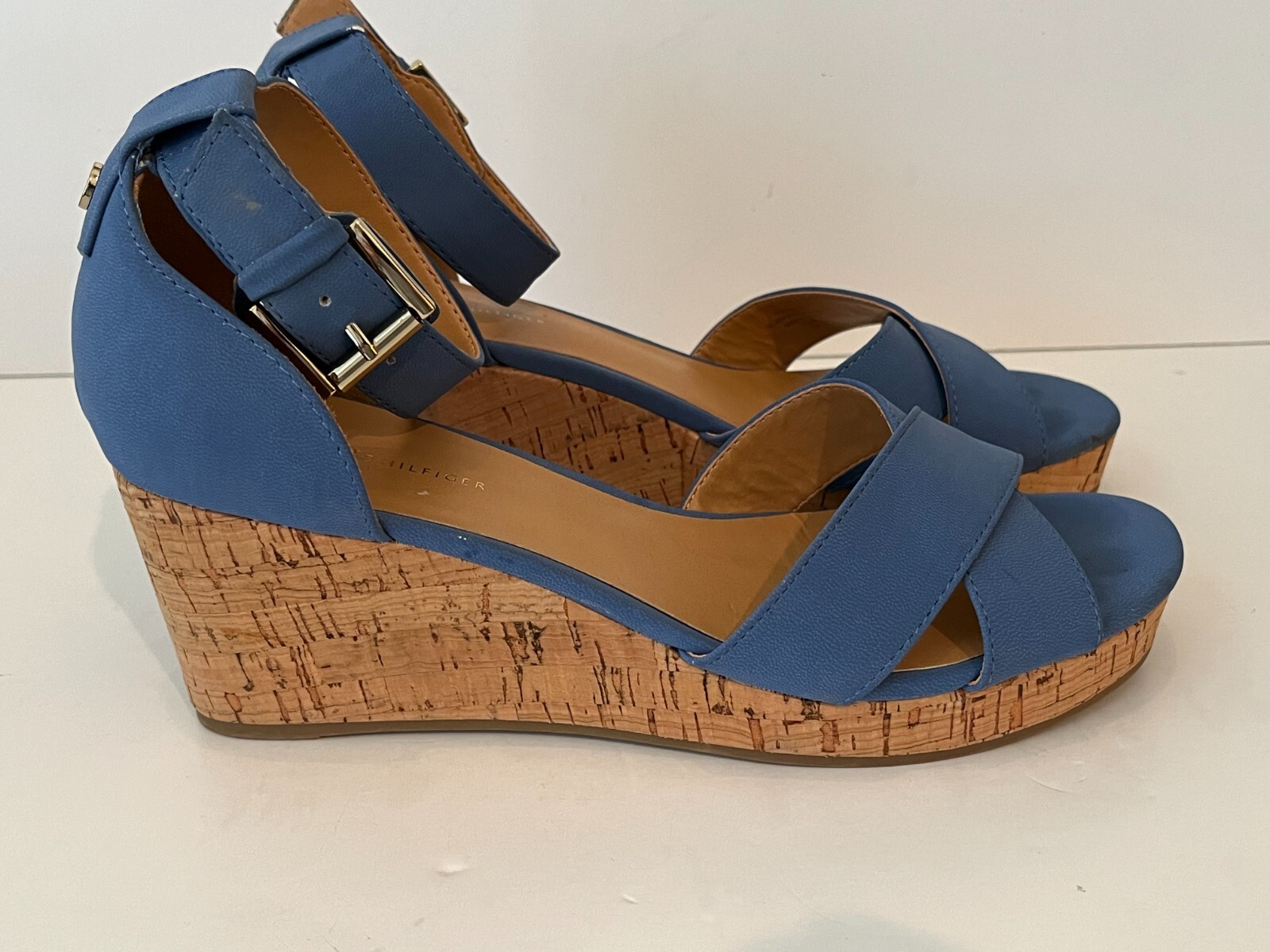 TOMMY HILFIGER Platform Cork Wedge Faux Blue Suede Heels Sandals ~ Women's 7.5M thumbnail 3