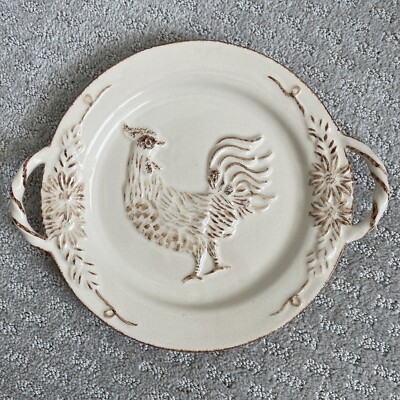 Vintage Ceramic Pottery Rooster Dish Handled Serving Off White Neutral