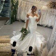 Satin Mermaid Wedding Dresses Off Shoulder 3D Flower Applique Bridal Gowns Train