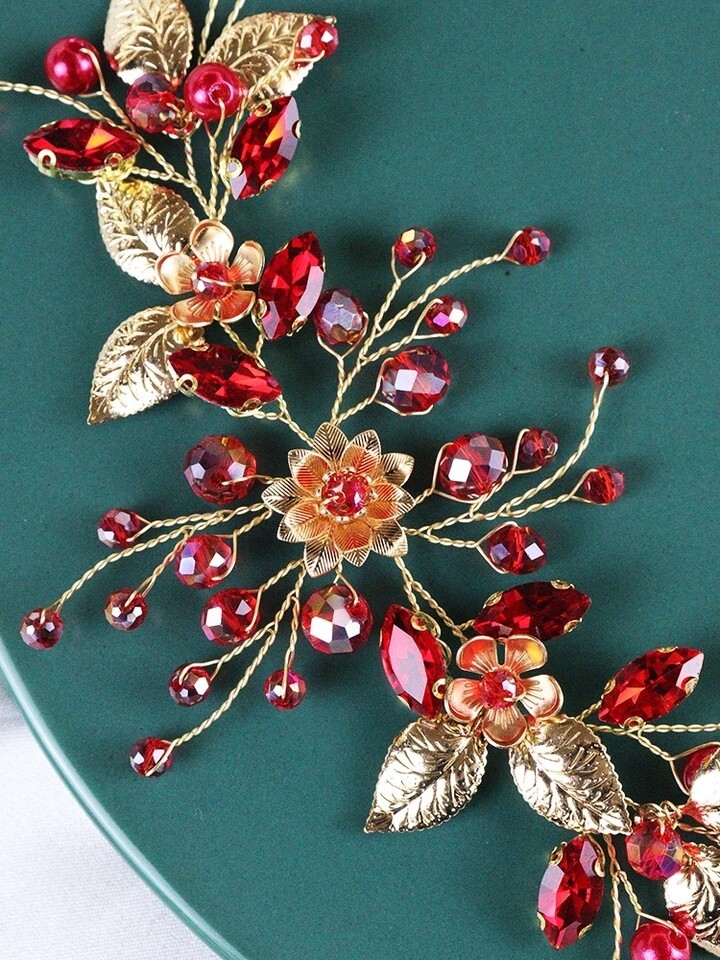 Bridal Headband Red And Gold Crystal Wedding Leaf Hair Piece  display picture 2