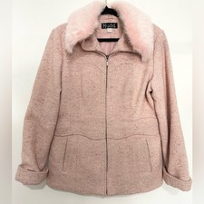 Pink Mudd Large Vintage Y2k Faux Fur Collar Wool Zipper Pastel Tweed 90s Jacket