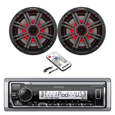 Kenwood Marine Bluetooth Radio, 2x 6.5" LED Speakers w/Remote, Charcoal Grilles