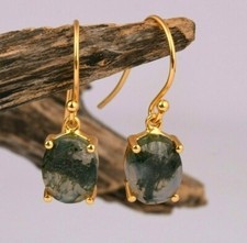 Occasion Gemstone Jewelry Gifts Oval Moss Agate Stone Dangle Prongs Earrings