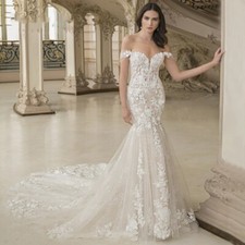 Elegant Mermaid Wedding DressOff The Shoulder Lace applique Bridal Gowns Train