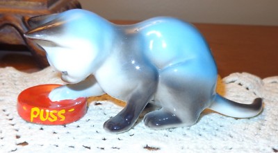 DANBURY MINT CAT OF CHARACTER ALL GONE RED FOOD BOWL PUSS BLUE  KITTEN FIGURINE