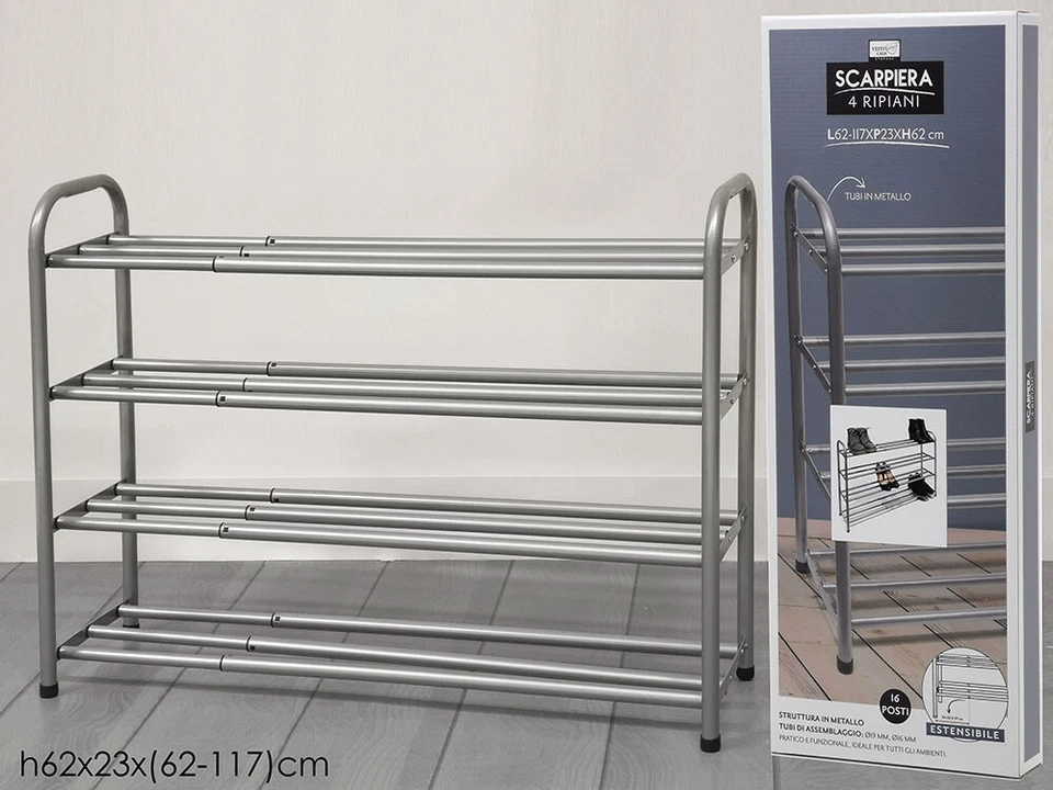 Scarpiera salvaspazio in metallo estensibile 4 ripiani impilabile 16 paia scarpe - Immagine 2 di 2