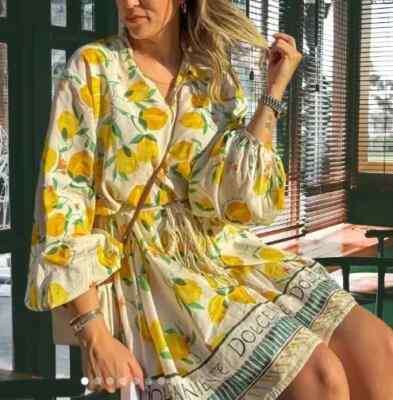 H&M MACRAME-BELT DRESS LEMON PRINT DOLCE FAR NIENTE MINI SUMMER M MEDIUM 10 6 38