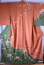 Visit Kimono Orange And Green Flowers Fan Embroidery
