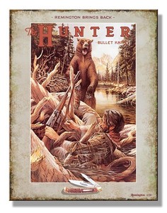 Remington The Hunter & Grizzly Bear Bullet Knife Metal Sign Made In The USA