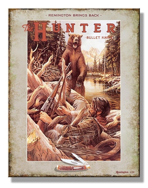 Remington The Hunter & Grizzly Bear Bullet Knife Metal Sign Made In The USA