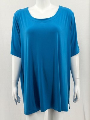 Susan Graver Top Womens 2X Blue Short Sleeve Stretch Liquid Knit Mature Staple