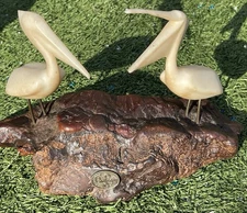 John Perry Sculpture Pelicans on Burlwood Base 9” Pellucida Resin Birds