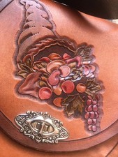 Cottagecore Leather Saddle Shoulder Bag Hand Tooled Fruit Design