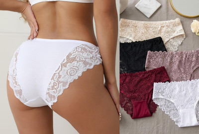 5Pcs Lace Trim Hollow Cotton Underwear Set, Breathable Soft Low Waist Panties