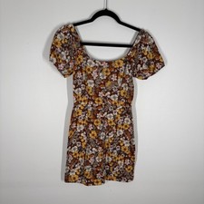 Altar’d State Women XS Brown Floral Boho Retro Puff Sleeves Mini Dress NWOT