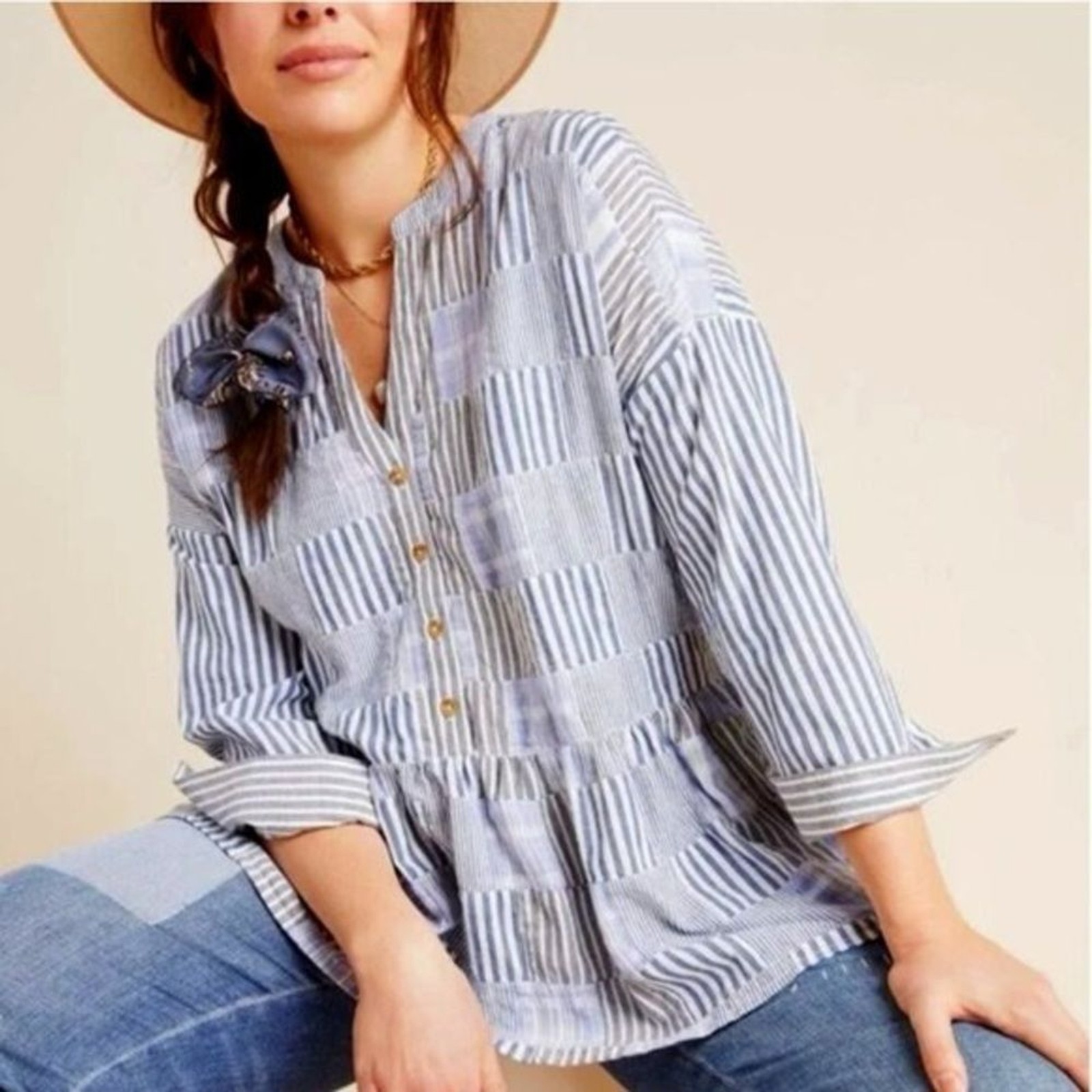 Maeve Oversized Patchwork Button Swing Top Cotton… - image 1