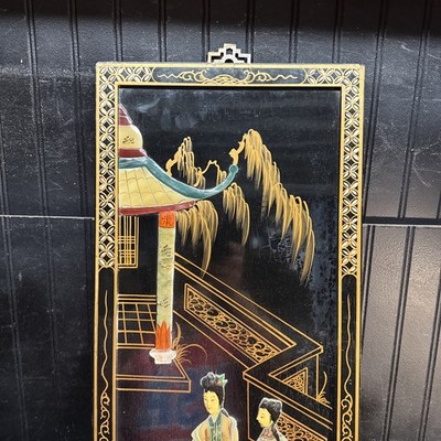 MCM Black Lacquer Geisha Japanese Mother Of Pearl Wall Art Panel