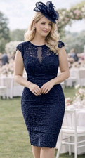 Lipsy Navy Blue Bodycon Dress Size 16 Lace Occasion Wedding Guest Party Midi