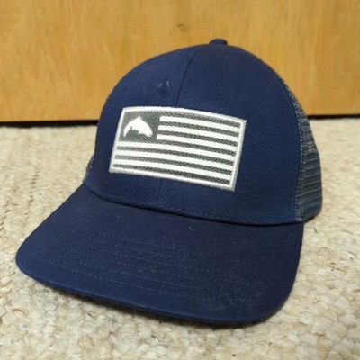 Simms Fishing Trucker Hat Mens Snapback Mesh Flag Logo Blue Adjustable Outdoor