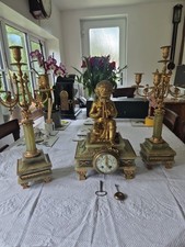 French Antique Ormolu And Onyx Mantel Table Clock & Garniture