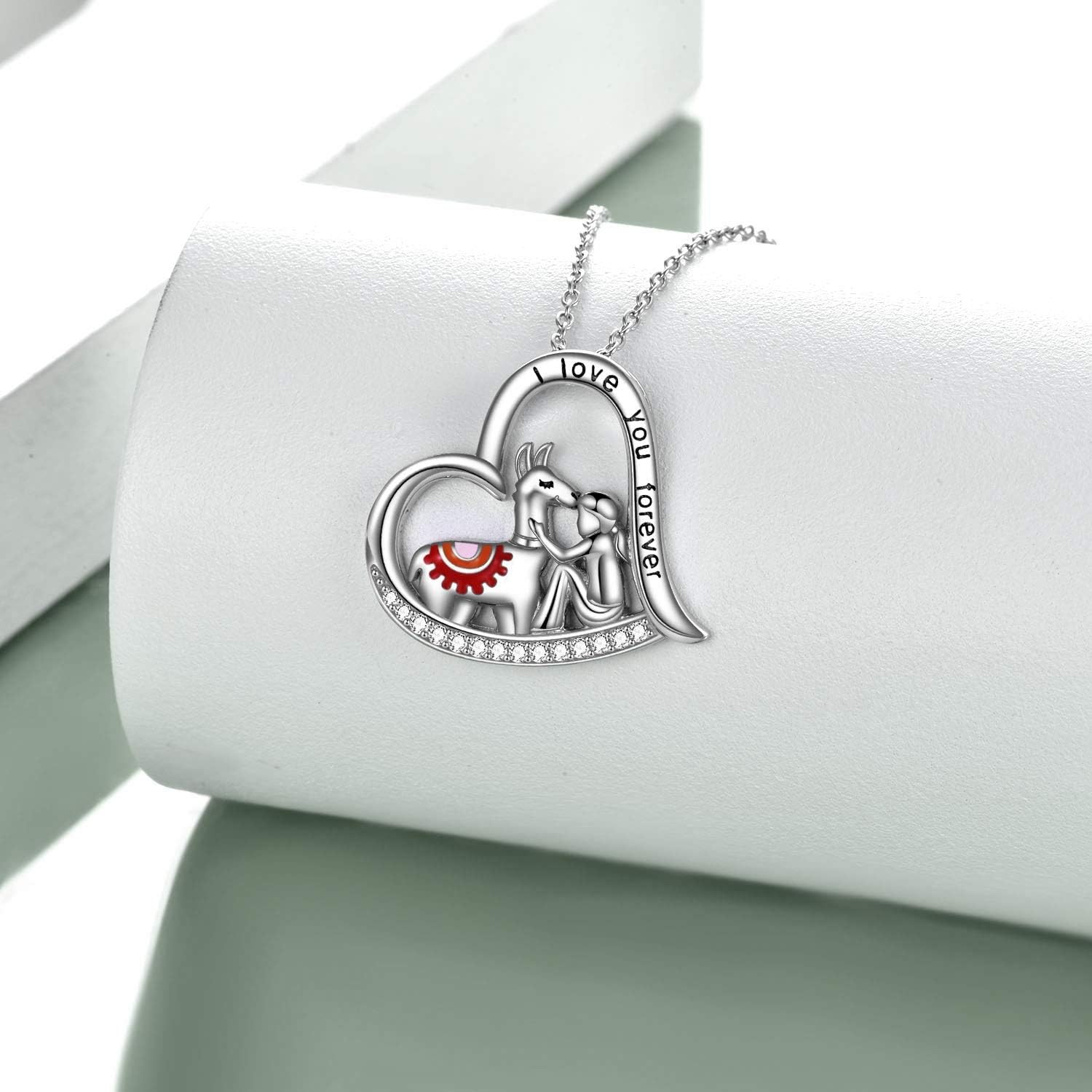 Llama Alpaca Necklace 925 Sterling Silver Forever Love Heart Pendant for Women