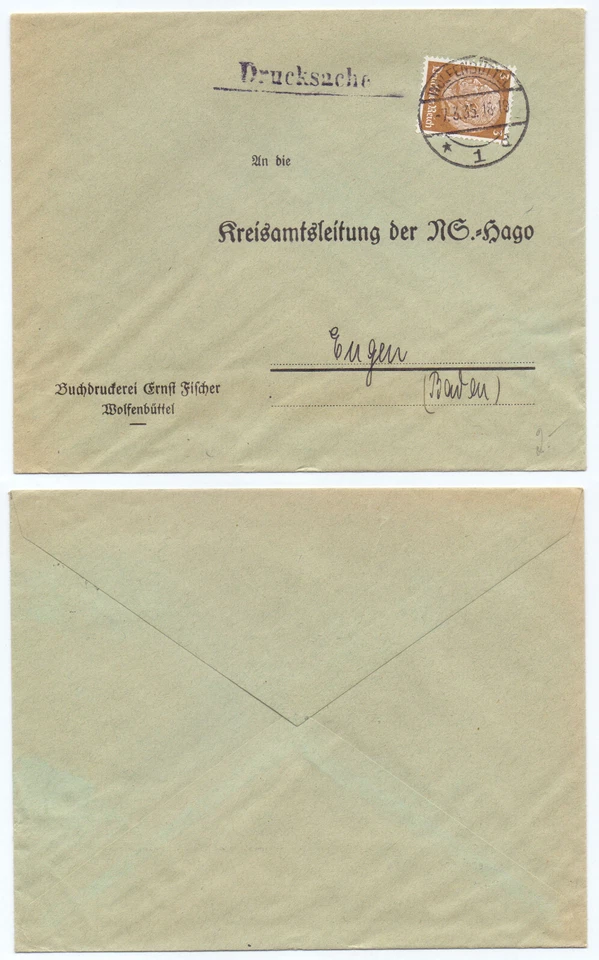 99219 - Umschlag Buchdruckerei Ernst Fischer - Wolfenbüttel 7.3.1935 nach Engen - Bild 1 von 1