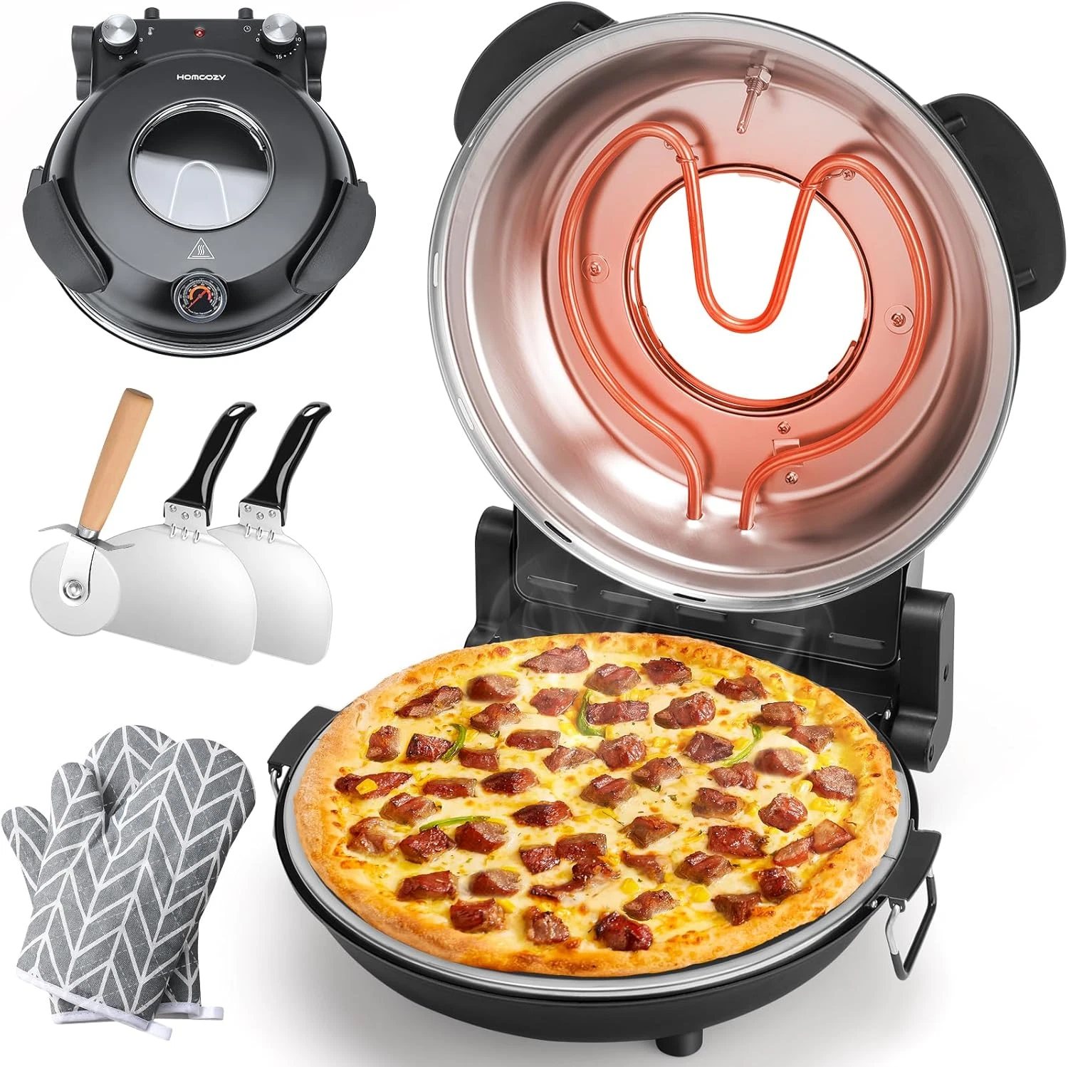 12-Inch Electric Pizza Oven with Ceramic Stone & Adjustable Timer, 1200W