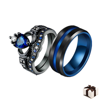 Couple Ring Bridal Set Men Blue Groove & Women Heart CZ Wedding Engagement Band