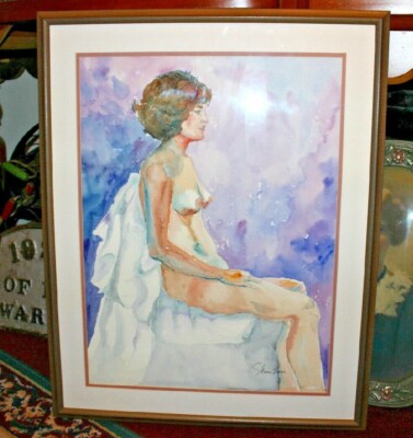 Water Color Painting Nude Portrait Woman Perky Breasts Signed Saen Price